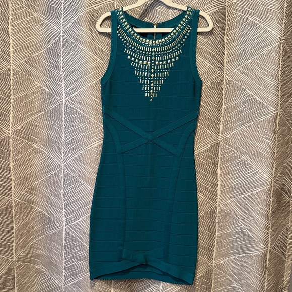 Bebe Embellished Party Dress Teal Green XS - Picture 3 of 5
